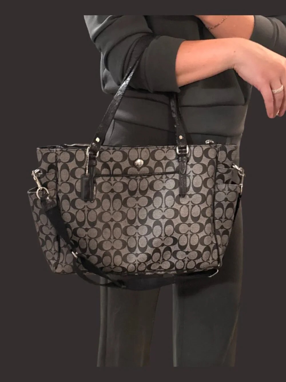 Coach Signature Diaper Tote Bag Black Gray Jacquard Canvas Baby Bag F25741